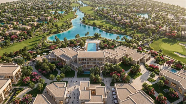Aerial view of Abu Dhabi Mira Hills and its residential districts around golf, water and parkland