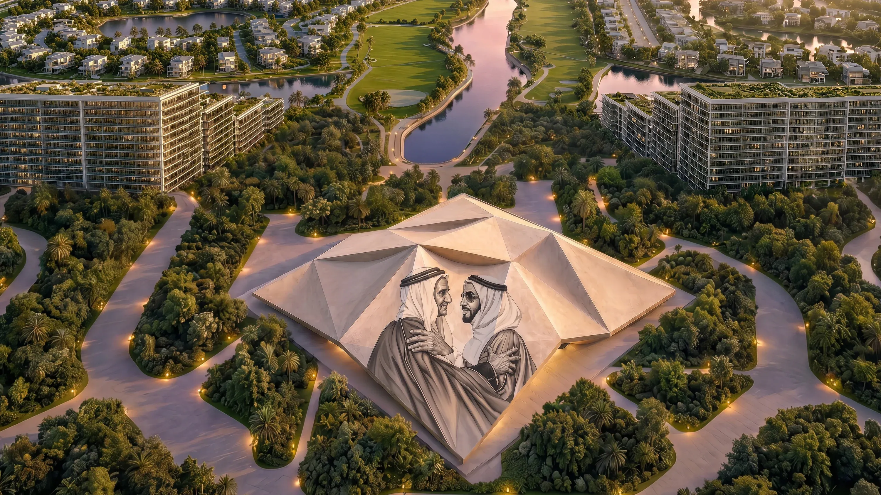 Aerial view of Abu Dhabi Mira Hills and its residential districts around golf, water and parkland