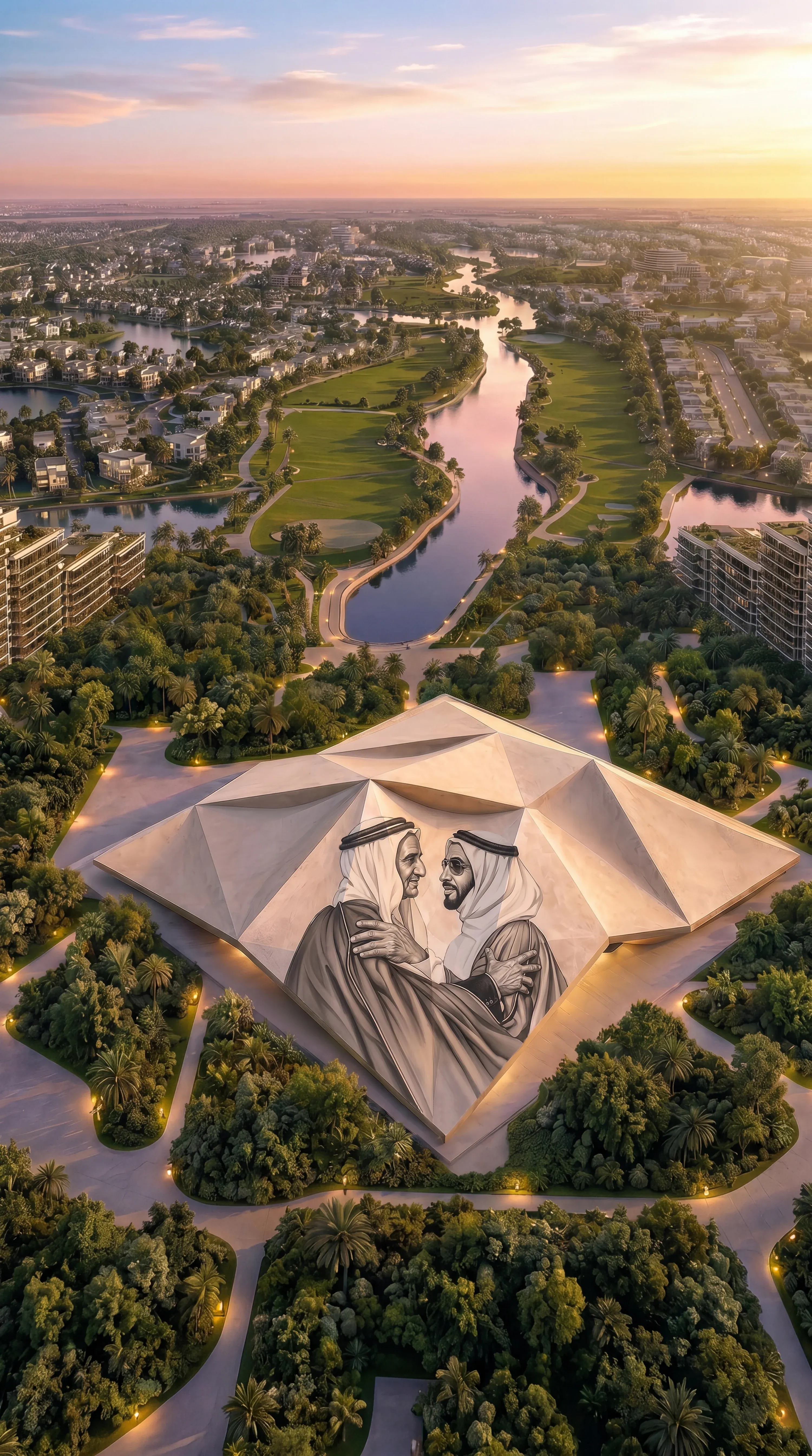 Aerial view of the Museum of the UAE pavilion at Abu Dhabi Mira Hills at sunset, terraced residences and lagoons around it