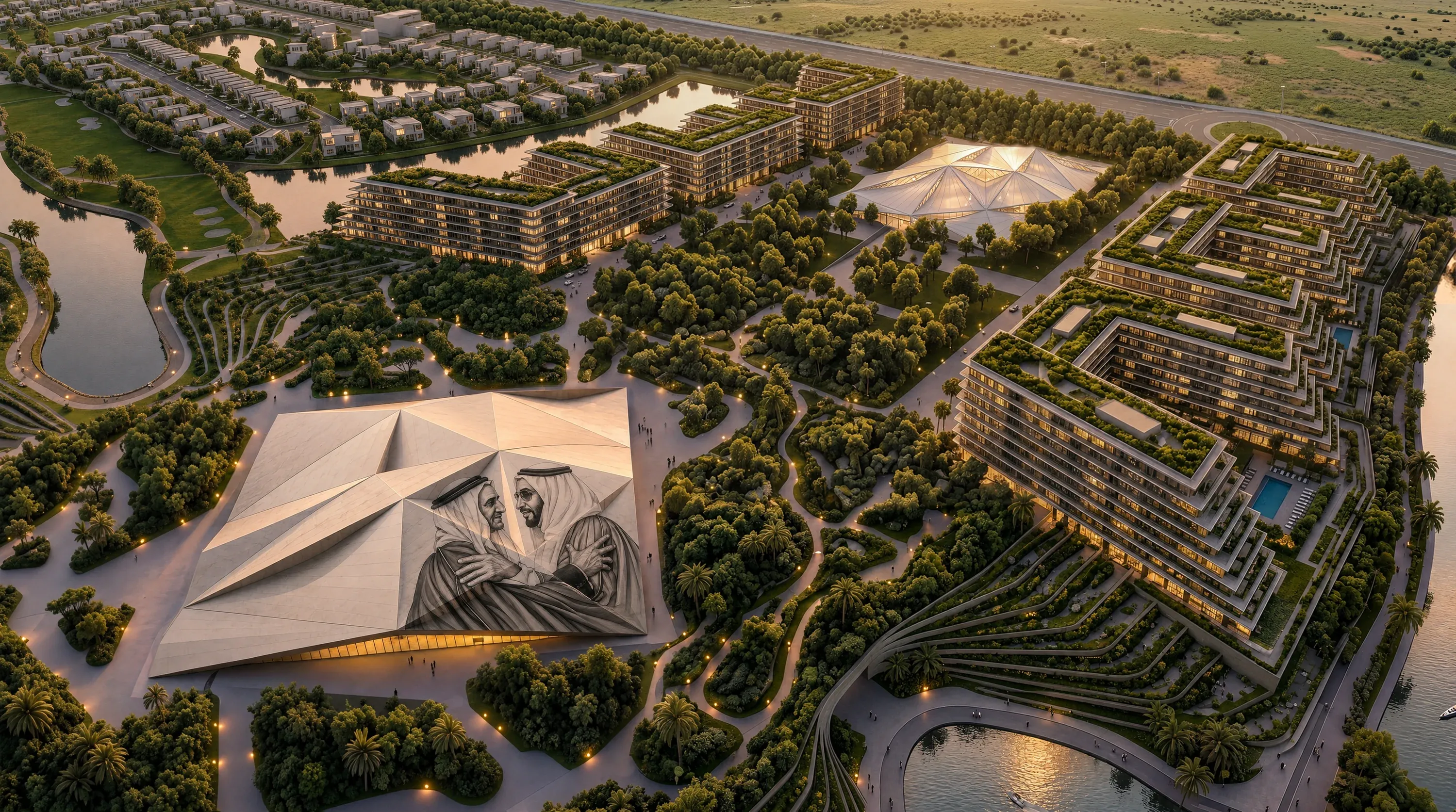 Residential development areas overlooking the golf course and lagoons at Abu Dhabi Mira Hills
