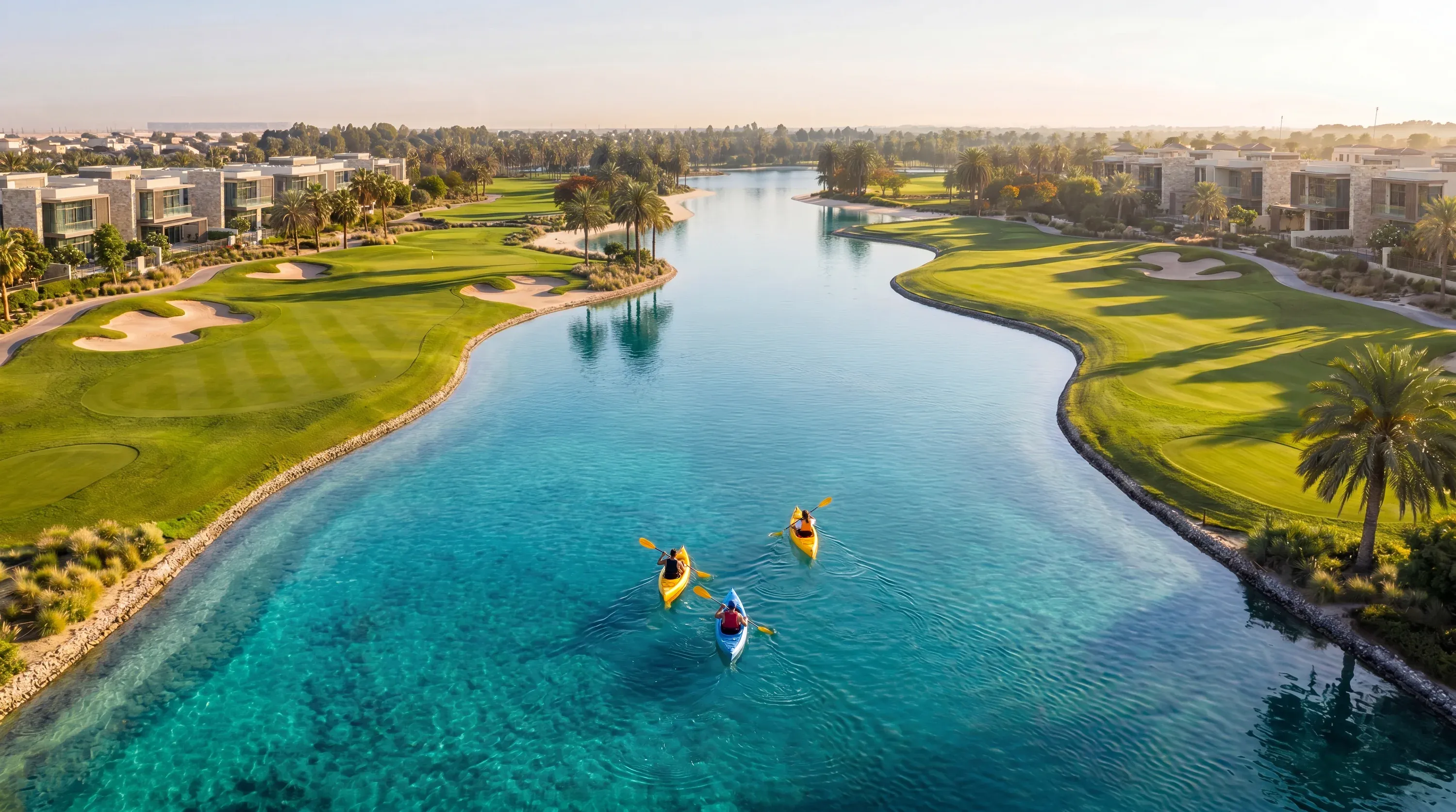 Championship golf course, lagoons and residential districts at Abu Dhabi Mira Hills