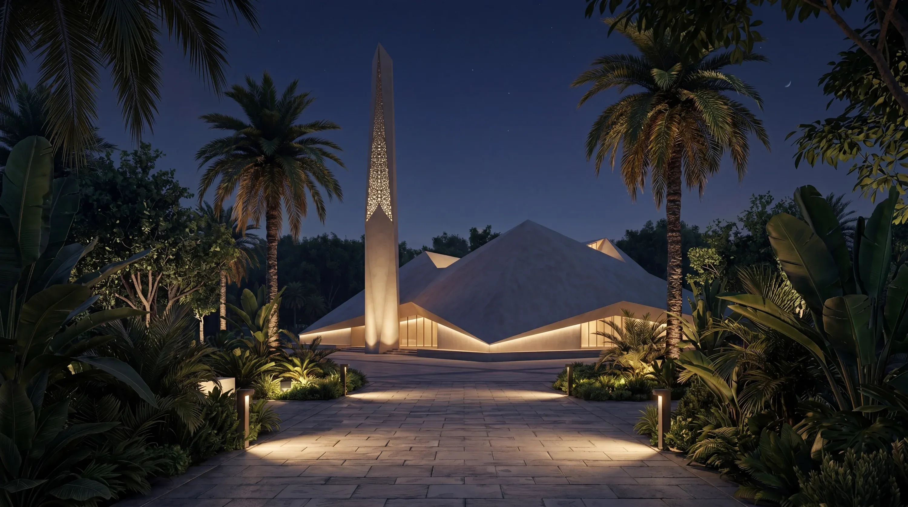 The Museum of the UAE pavilion and its obelisk at Abu Dhabi Mira Hills at night
