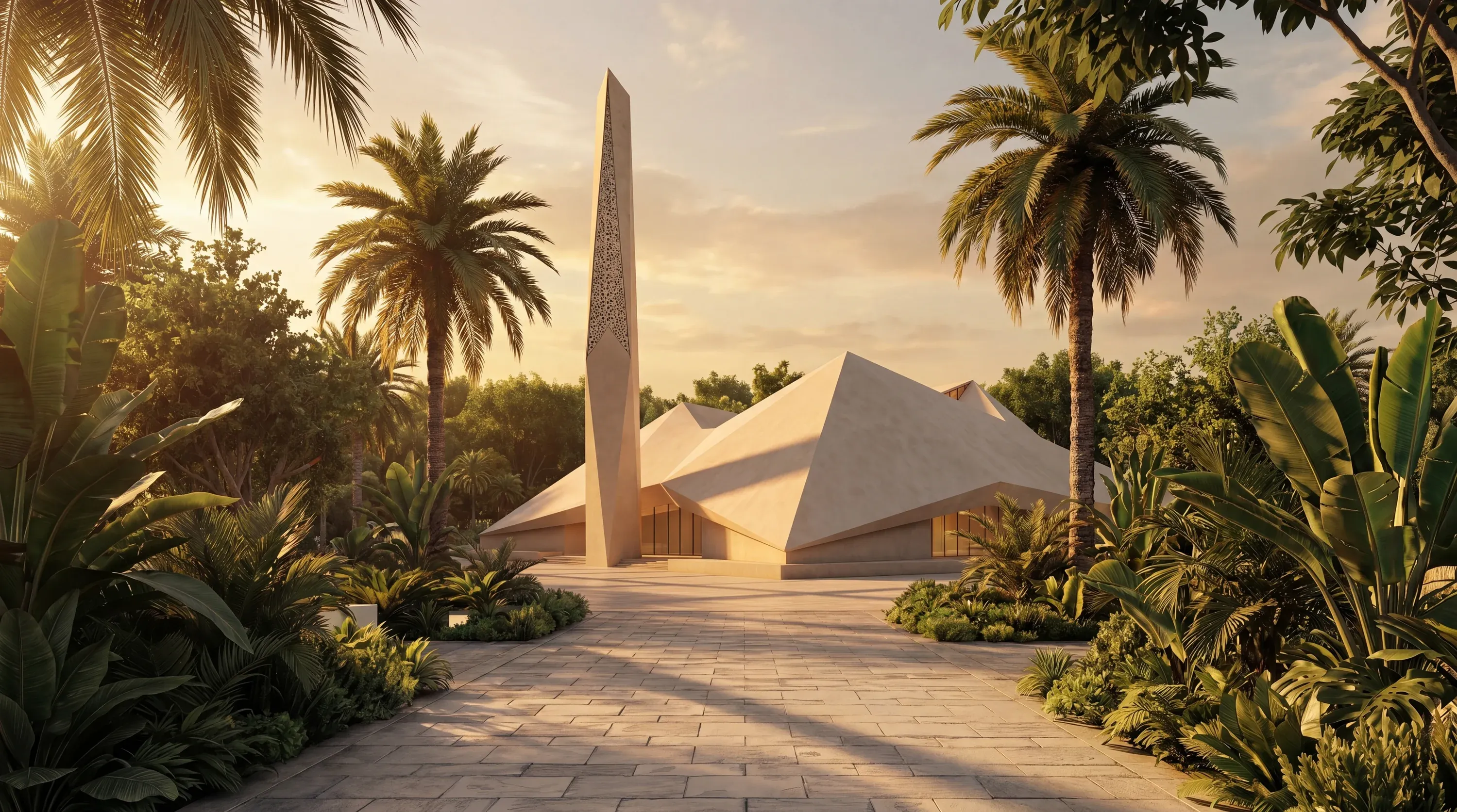 Pedestrian-focused public realm at Abu Dhabi Mira Hills: the Museum of the UAE pavilion and its obelisk at sunset, palms around the plaza