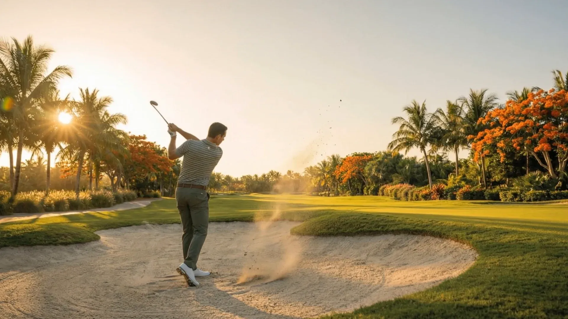 A golfer at sunset on the championship course at Abu Dhabi Mira Hills