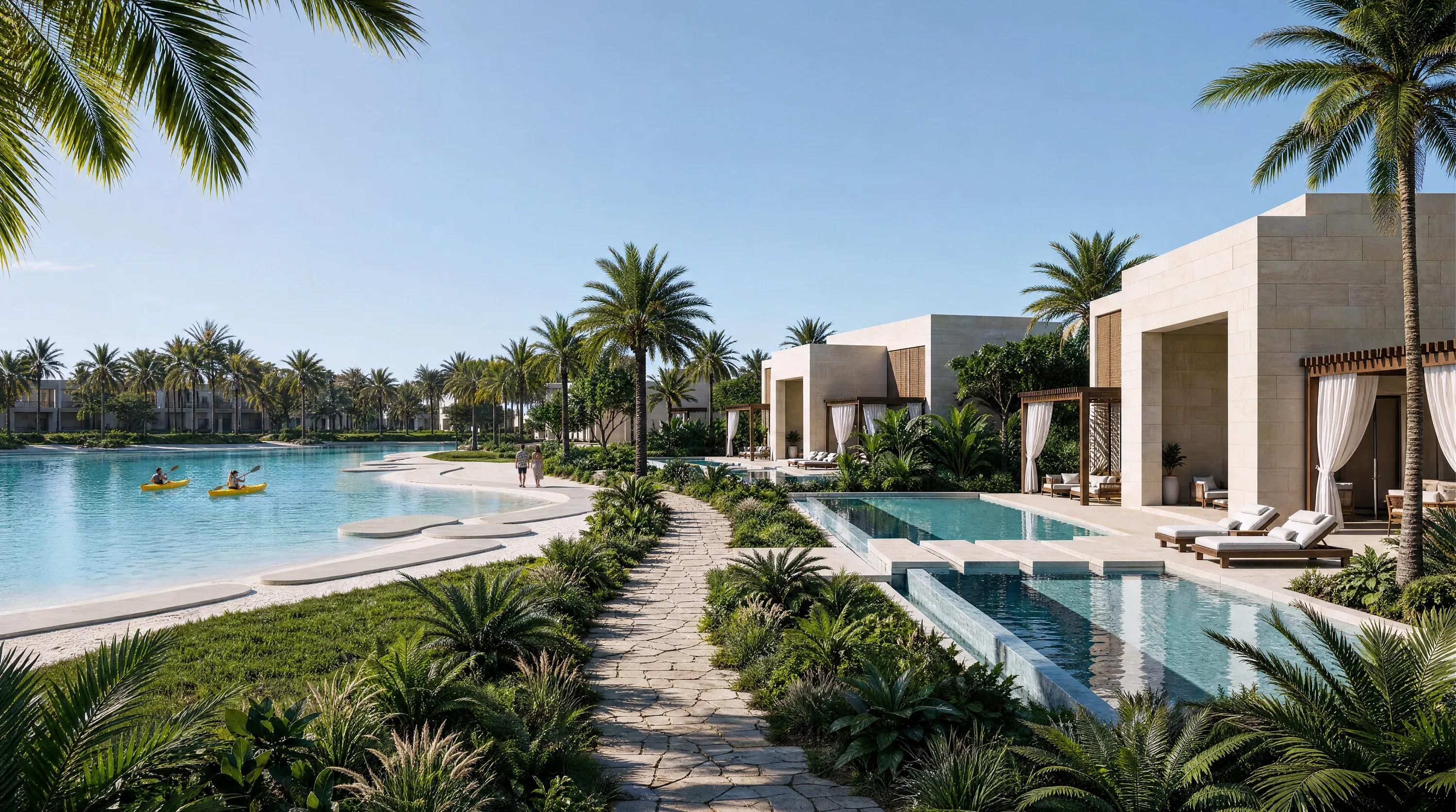 The lagoon system at Abu Dhabi Mira Hills seen from a resident beach