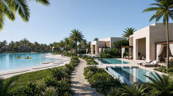 The lagoon system at Abu Dhabi Mira Hills seen from a resident beach