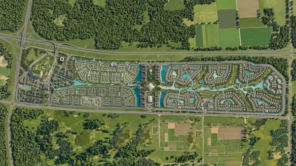The Abu Dhabi Mira Hills master plan from above: residential districts, lagoons and the golf course laid out in a long band beside the highway