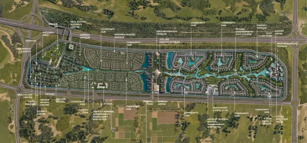 Annotated aerial master plan of Abu Dhabi Mira Hills: the university campus, hospital and regional mall at the western end, residential districts and community hubs along the centre, the golf course, lagoons and hotels to the east, the highway along the northern edge