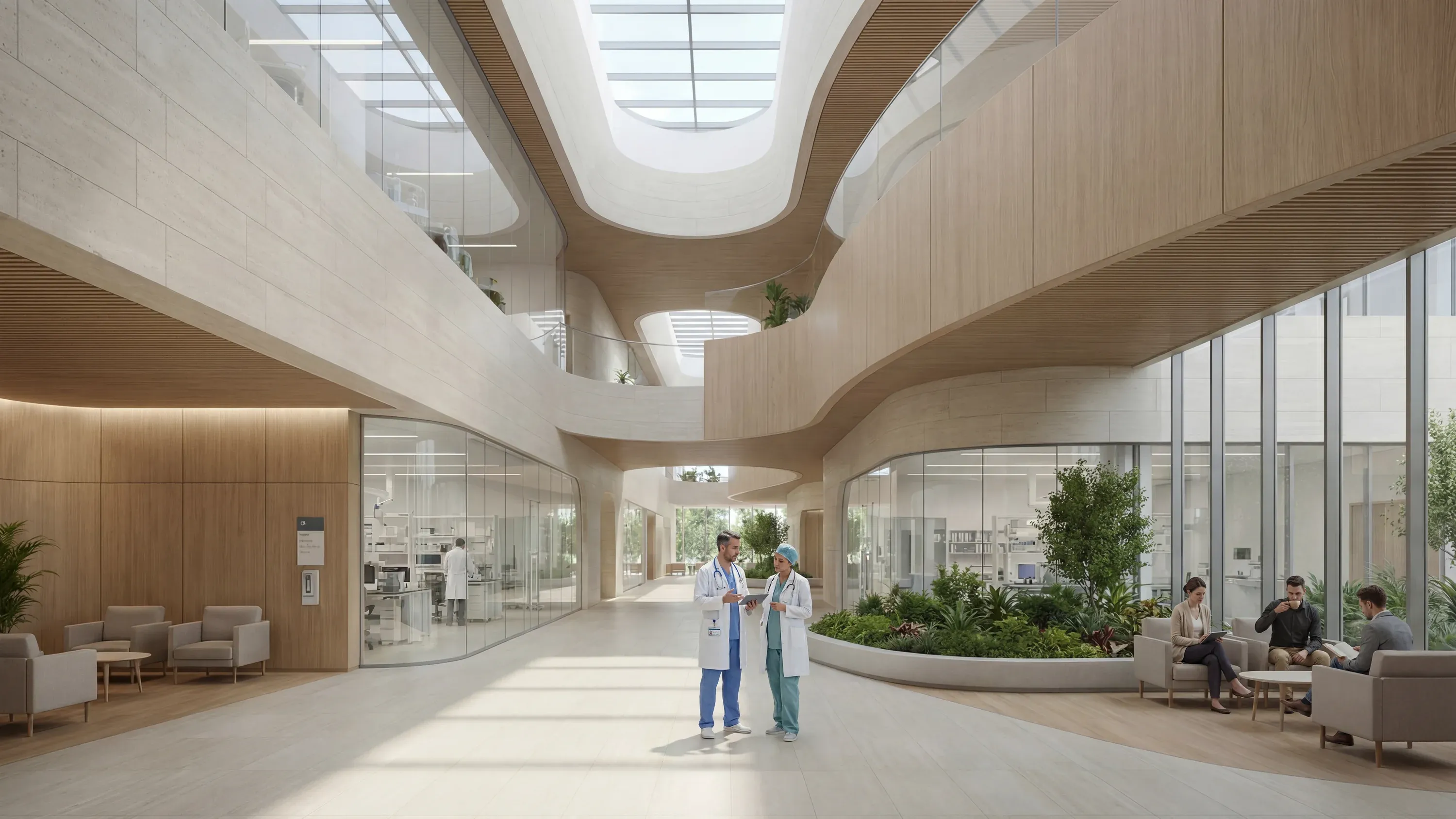 The atrium of the Abu Dhabi Mira Hills medical centre, curved timber balconies around a planted courtyard