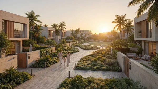 Residential districts within Phase 1 of Abu Dhabi Mira Hills: a townhouse street at sunset