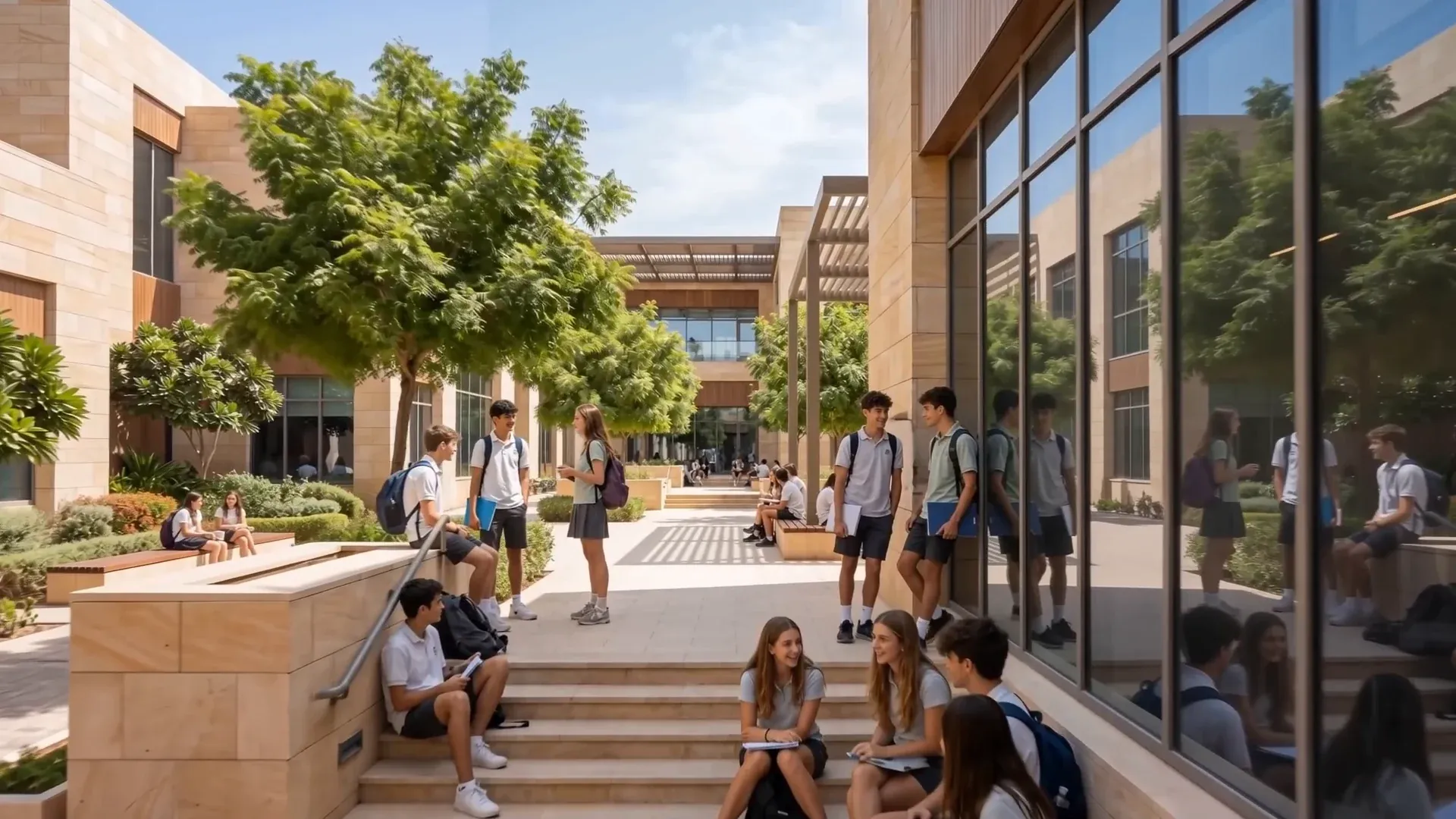 Students on the campus steps at Abu Dhabi Mira Hills, glazed university buildings behind them